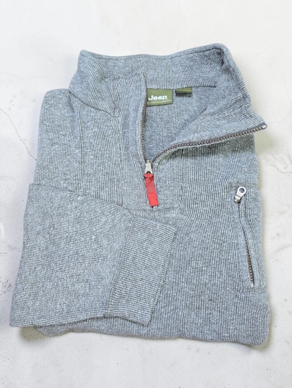 Jeep 100% Cotton Textured Knit 1/4 Zip Mens Size Large Pullover Heather Olive